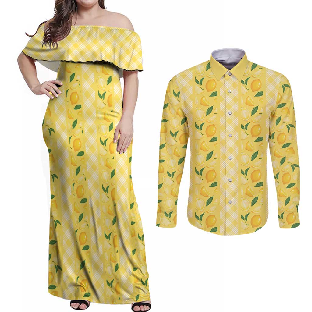 Hawaii Lemon Palaka Couples Matching Off Shoulder Maxi Dress and Long Sleeve Button Shirt Striped Stylized LT01 Yellow - Polynesian Pride