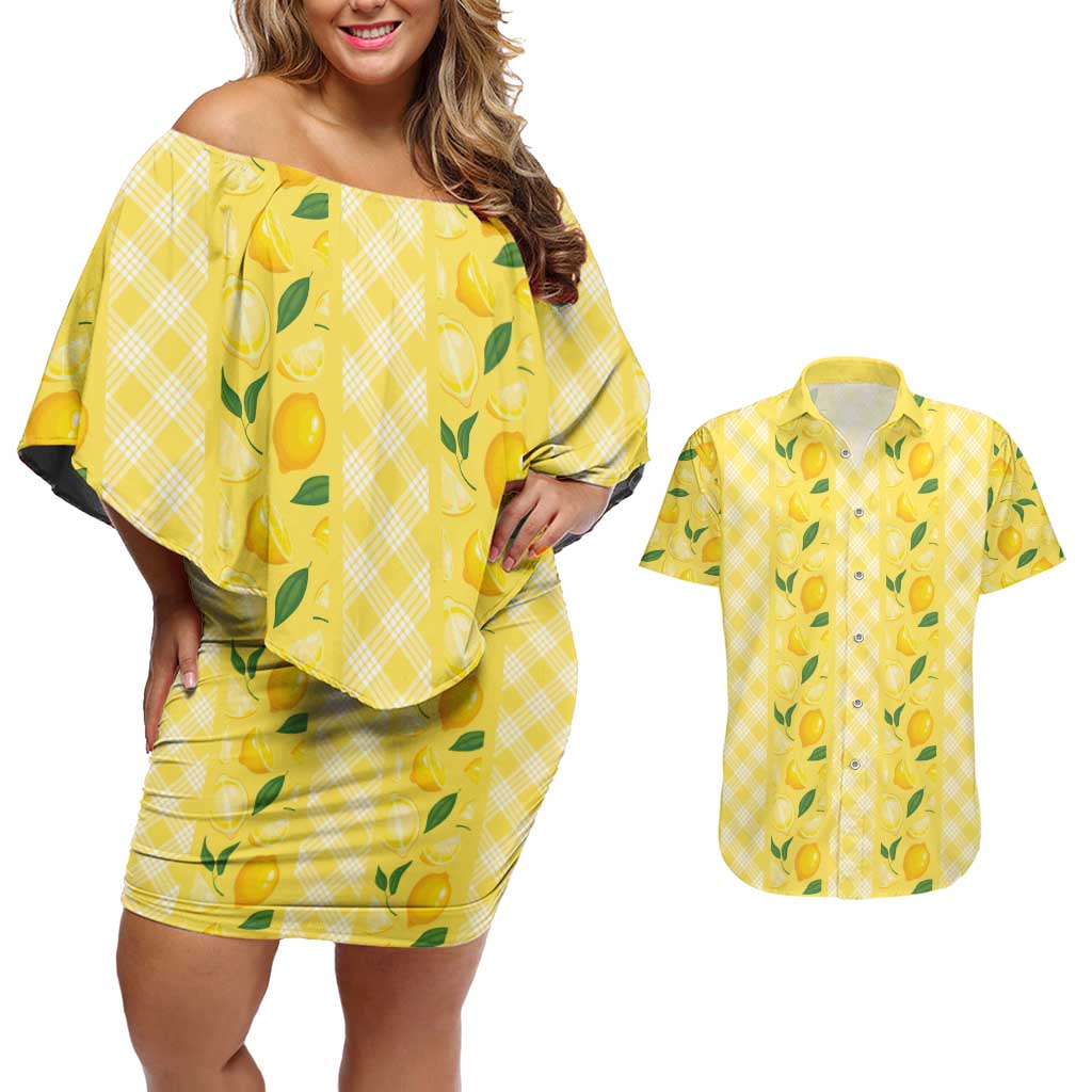 Hawaii Lemon Palaka Couples Matching Off Shoulder Short Dress and Hawaiian Shirt Striped Stylized LT01 Yellow - Polynesian Pride