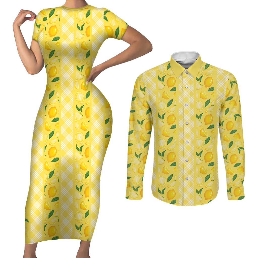 Hawaii Lemon Palaka Couples Matching Short Sleeve Bodycon Dress and Long Sleeve Button Shirt Striped Stylized LT01 Yellow - Polynesian Pride