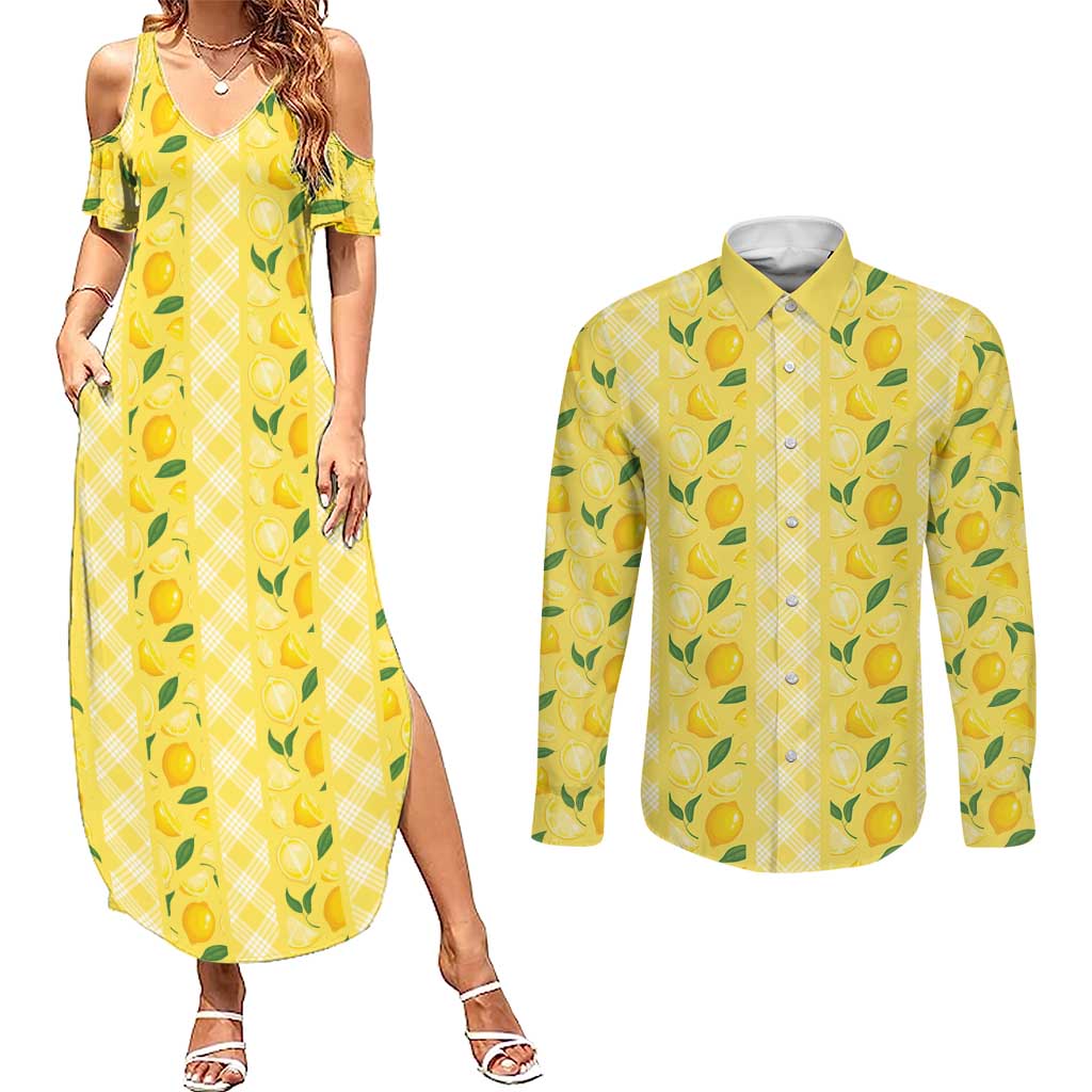 Hawaii Lemon Palaka Couples Matching Summer Maxi Dress and Long Sleeve Button Shirt Striped Stylized LT01 Yellow - Polynesian Pride