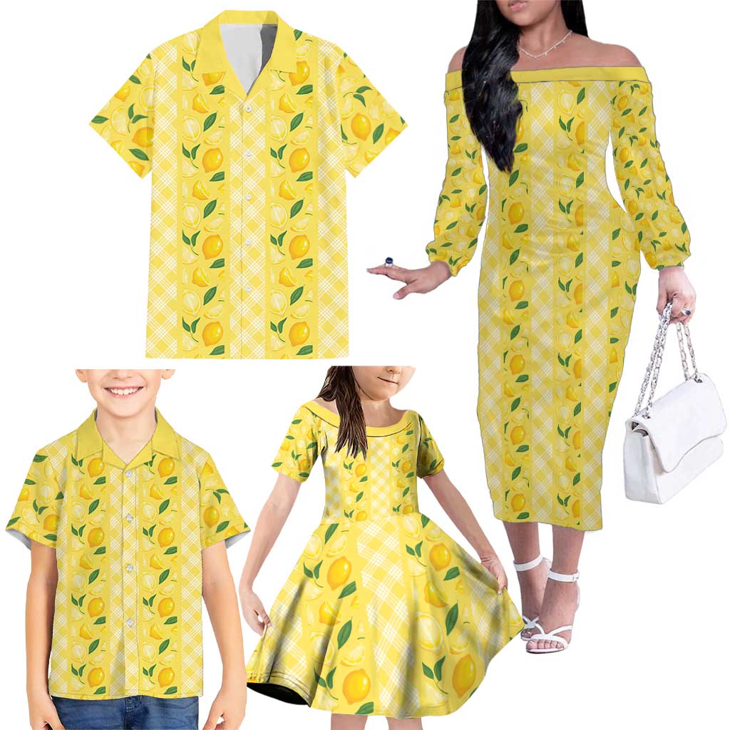 Hawaii Lemon Palaka Family Matching Off The Shoulder Long Sleeve Dress and Hawaiian Shirt Striped Stylized