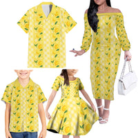 Hawaii Lemon Palaka Family Matching Off The Shoulder Long Sleeve Dress and Hawaiian Shirt Striped Stylized