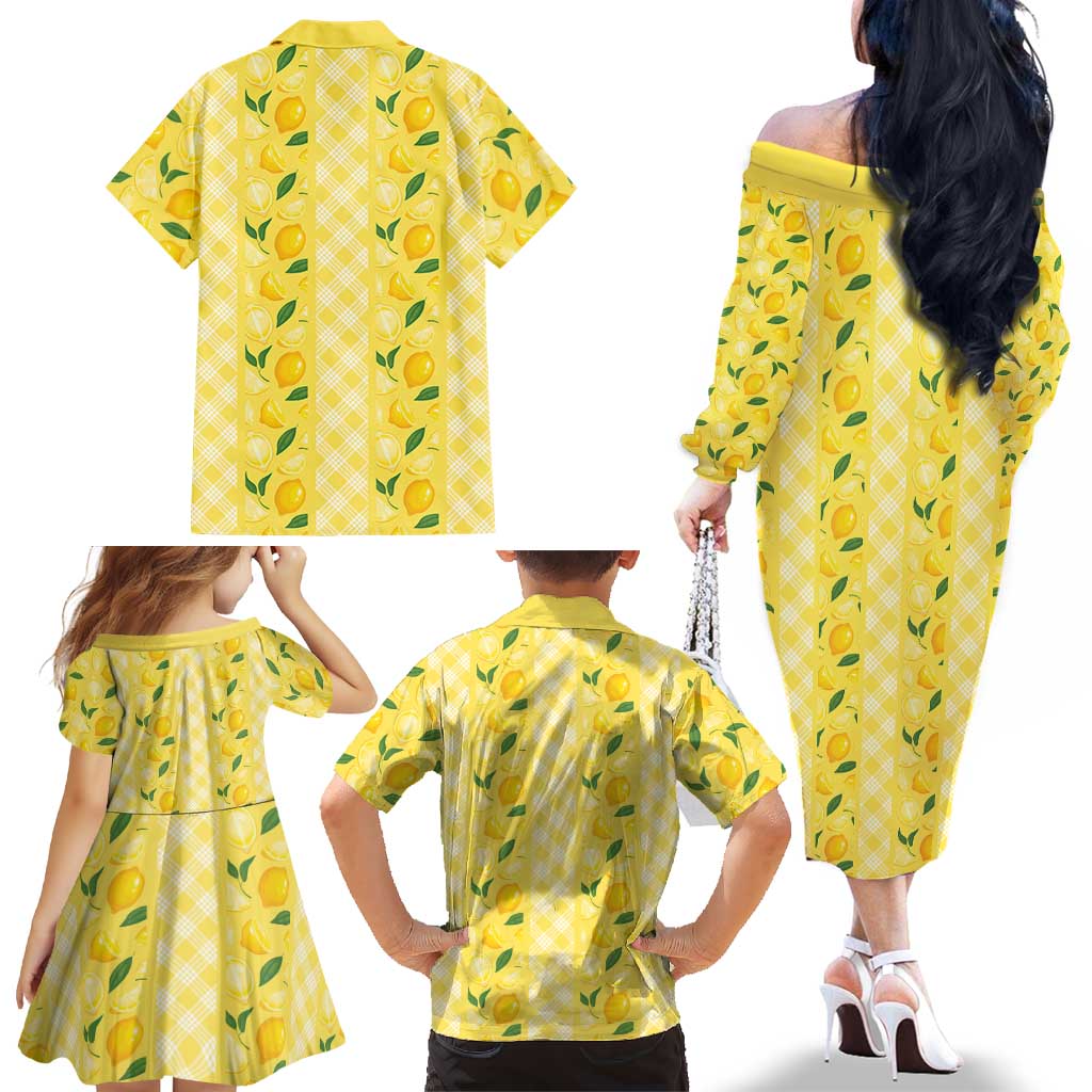 Hawaii Lemon Palaka Family Matching Off The Shoulder Long Sleeve Dress and Hawaiian Shirt Striped Stylized
