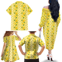 Hawaii Lemon Palaka Family Matching Off The Shoulder Long Sleeve Dress and Hawaiian Shirt Striped Stylized