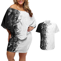 Hawaii Tropical Plant Monochrome Couples Matching Off Shoulder Short Dress and Hawaiian Shirt Vibrant Polynesian Pattern
