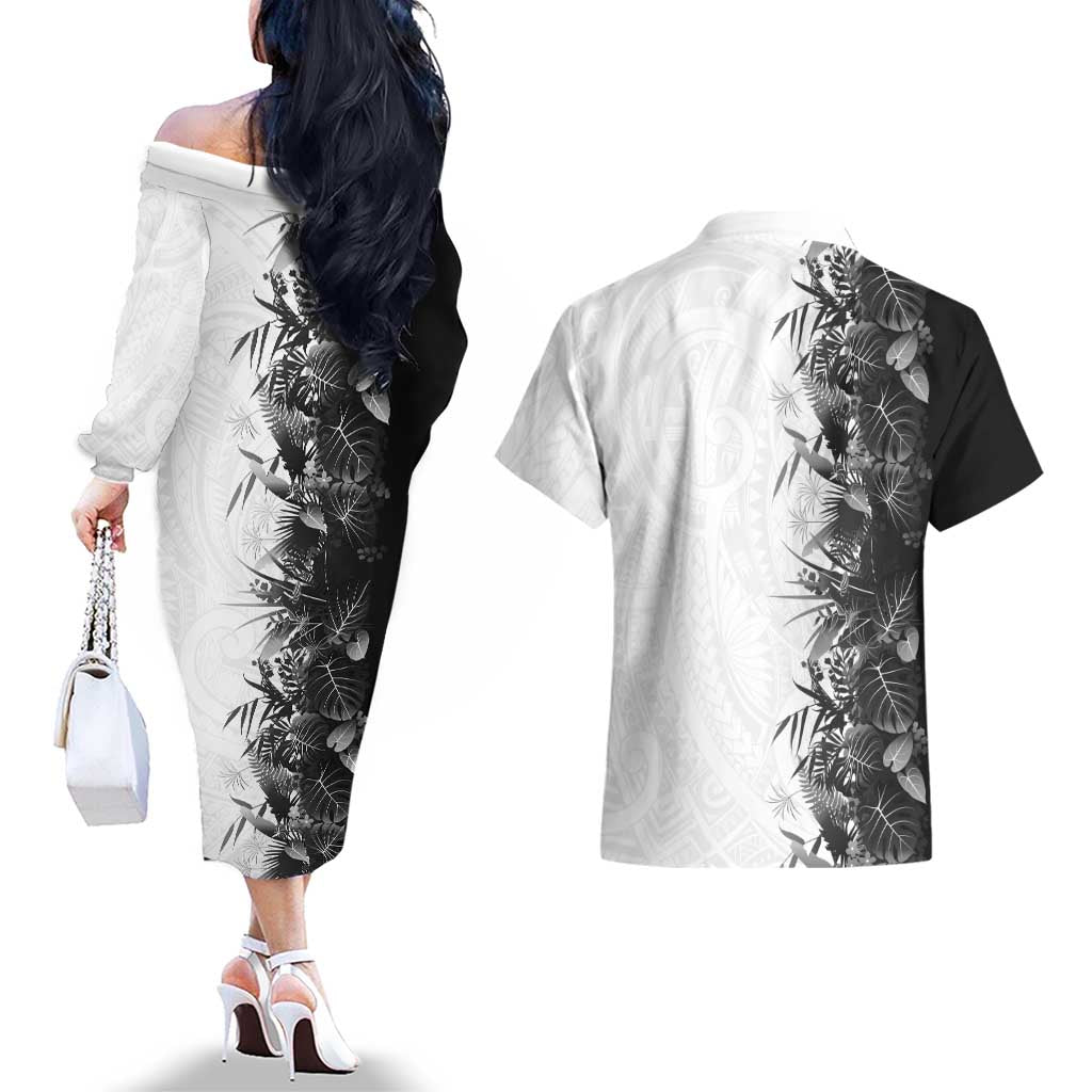 Hawaii Tropical Plant Monochrome Couples Matching Off The Shoulder Long Sleeve Dress and Hawaiian Shirt Vibrant Polynesian Pattern