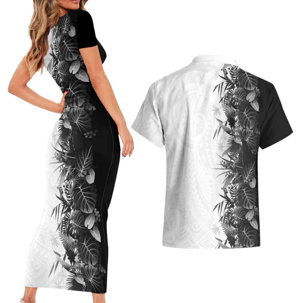Hawaii Tropical Plant Monochrome Couples Matching Short Sleeve Bodycon Dress and Hawaiian Shirt Vibrant Polynesian Pattern