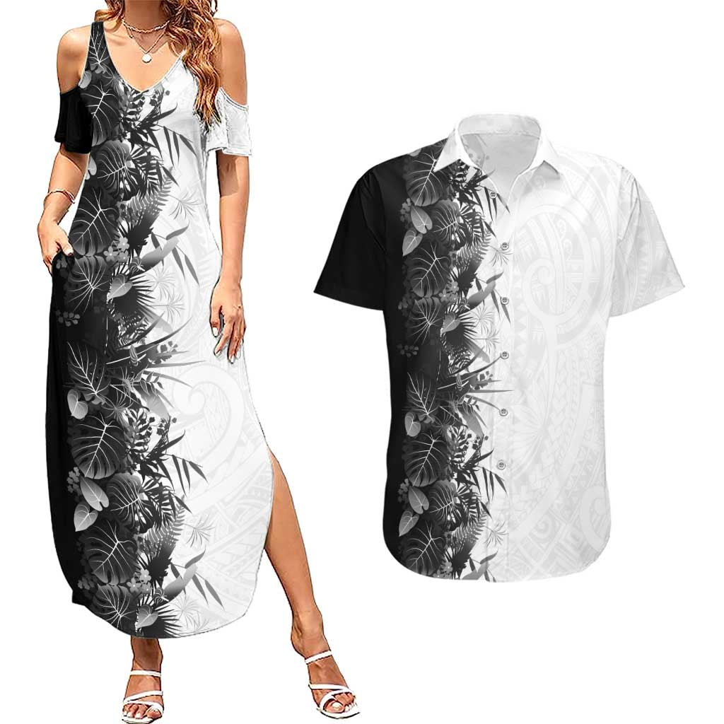 Hawaii Tropical Plant Monochrome Couples Matching Summer Maxi Dress and Hawaiian Shirt Vibrant Polynesian Pattern LT01 Black - Polynesian Pride