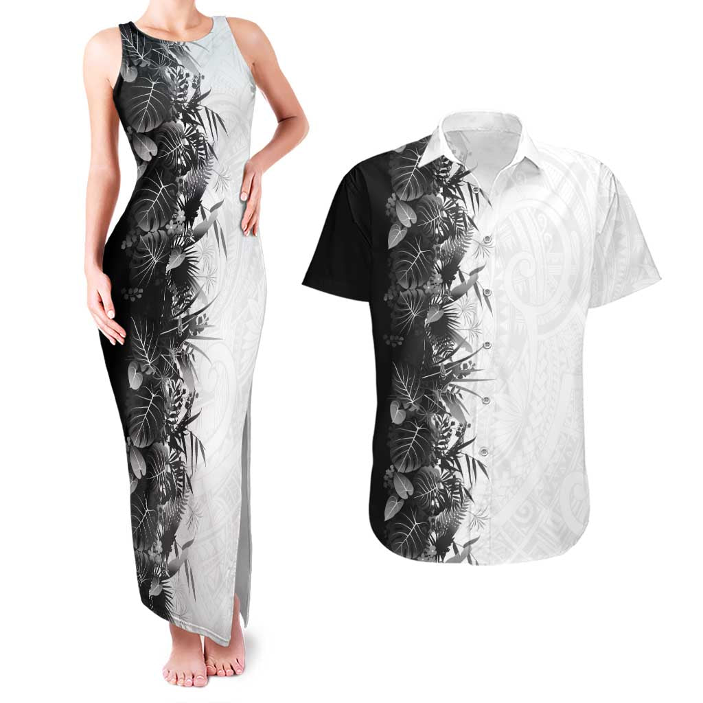 Hawaii Tropical Plant Monochrome Couples Matching Tank Maxi Dress and Hawaiian Shirt Vibrant Polynesian Pattern LT01 Black - Polynesian Pride
