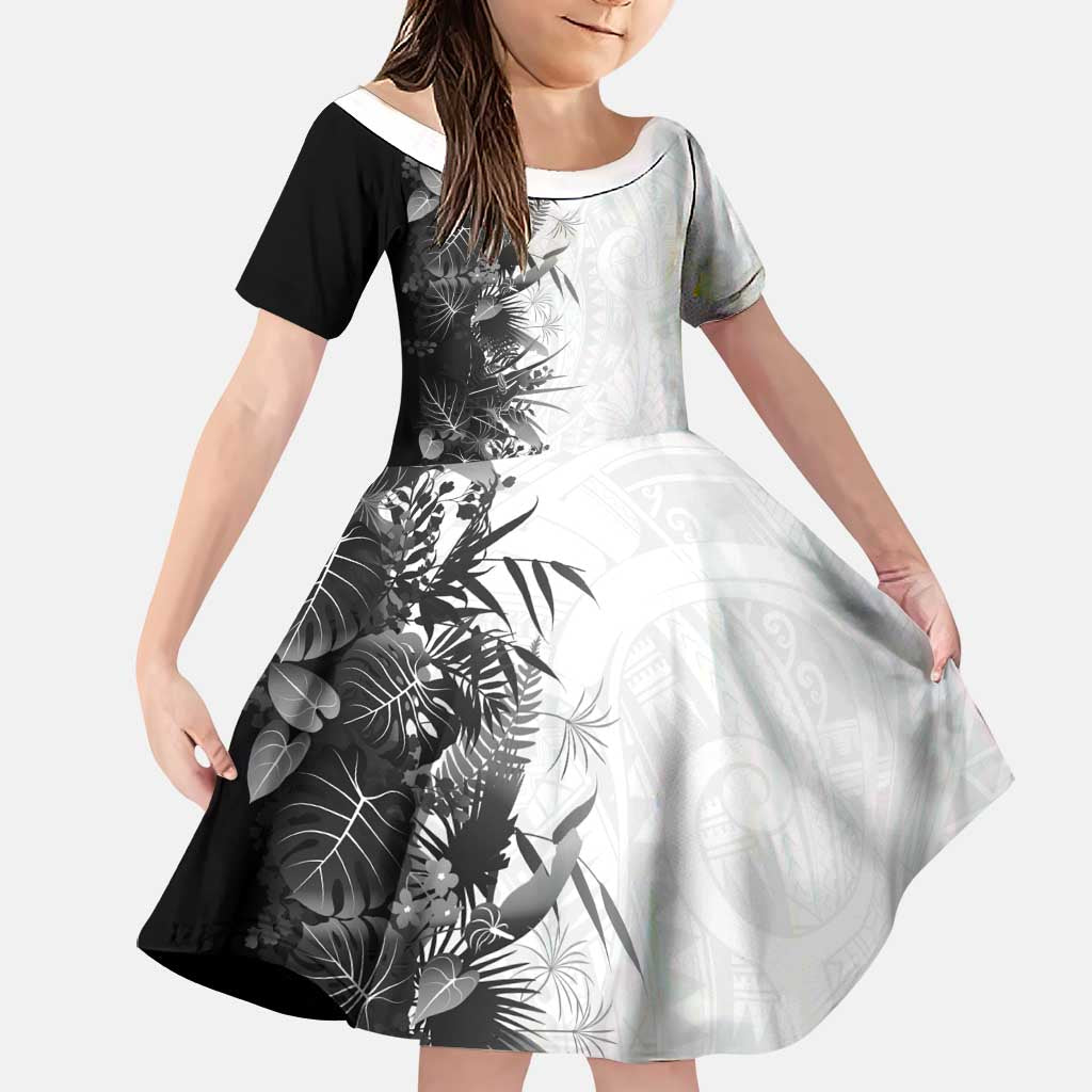 Hawaii Tropical Plant Monochrome Family Matching Off The Shoulder Long Sleeve Dress and Hawaiian Shirt Vibrant Polynesian Pattern