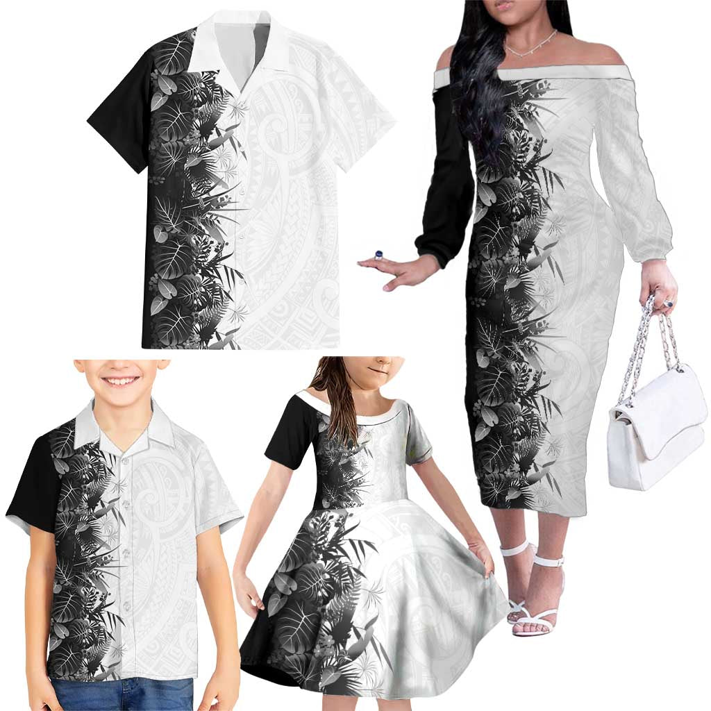 Hawaii Tropical Plant Monochrome Family Matching Off The Shoulder Long Sleeve Dress and Hawaiian Shirt Vibrant Polynesian Pattern