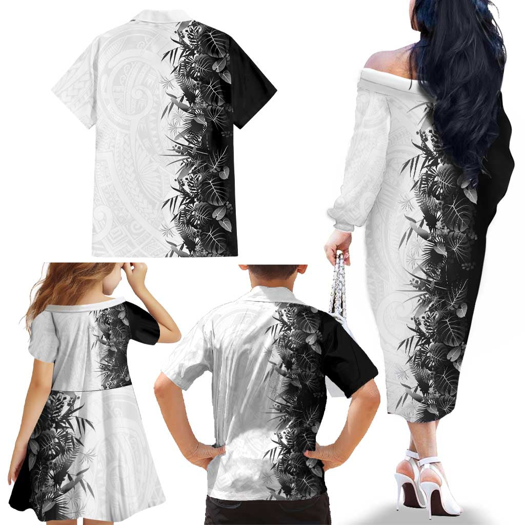 Hawaii Tropical Plant Monochrome Family Matching Off The Shoulder Long Sleeve Dress and Hawaiian Shirt Vibrant Polynesian Pattern