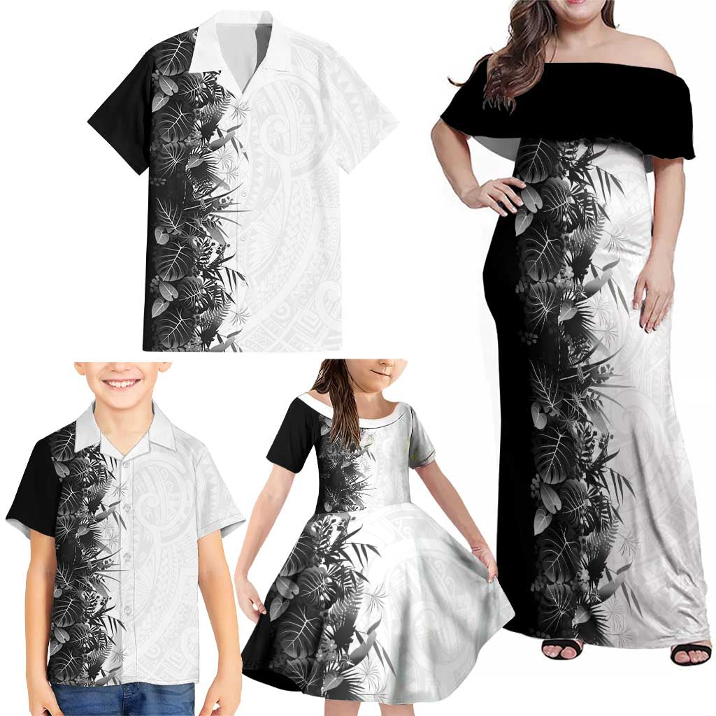 Hawaii Tropical Plant Monochrome Family Matching Off Shoulder Maxi Dress and Hawaiian Shirt Vibrant Polynesian Pattern