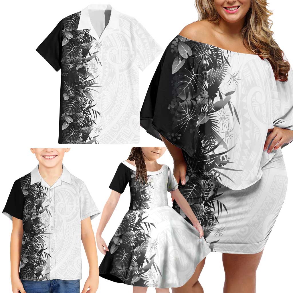 Hawaii Tropical Plant Monochrome Family Matching Off Shoulder Short Dress and Hawaiian Shirt Vibrant Polynesian Pattern