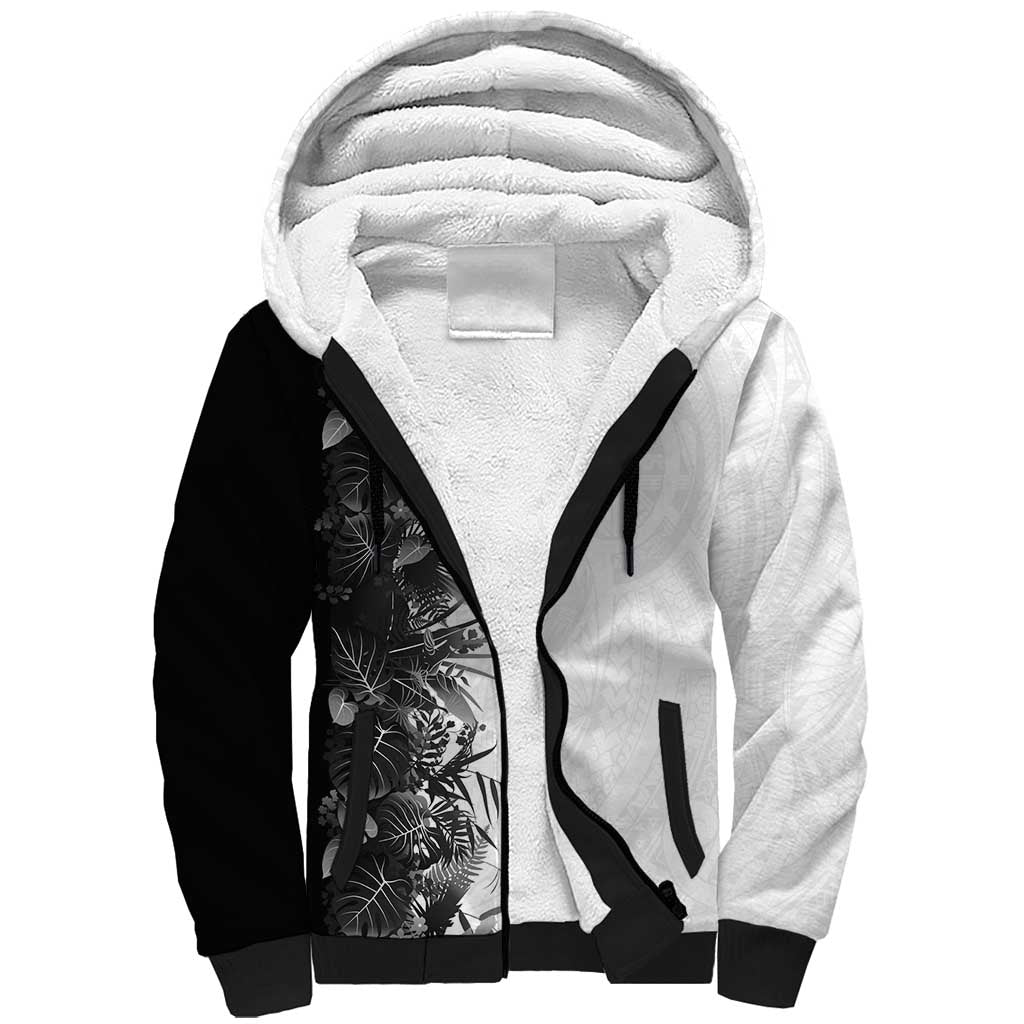 Hawaii Tropical Plant Monochrome Sherpa Hoodie Vibrant Polynesian Pattern