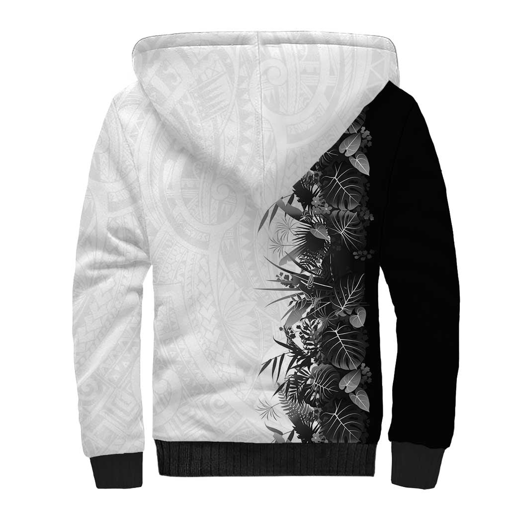 Hawaii Tropical Plant Monochrome Sherpa Hoodie Vibrant Polynesian Pattern