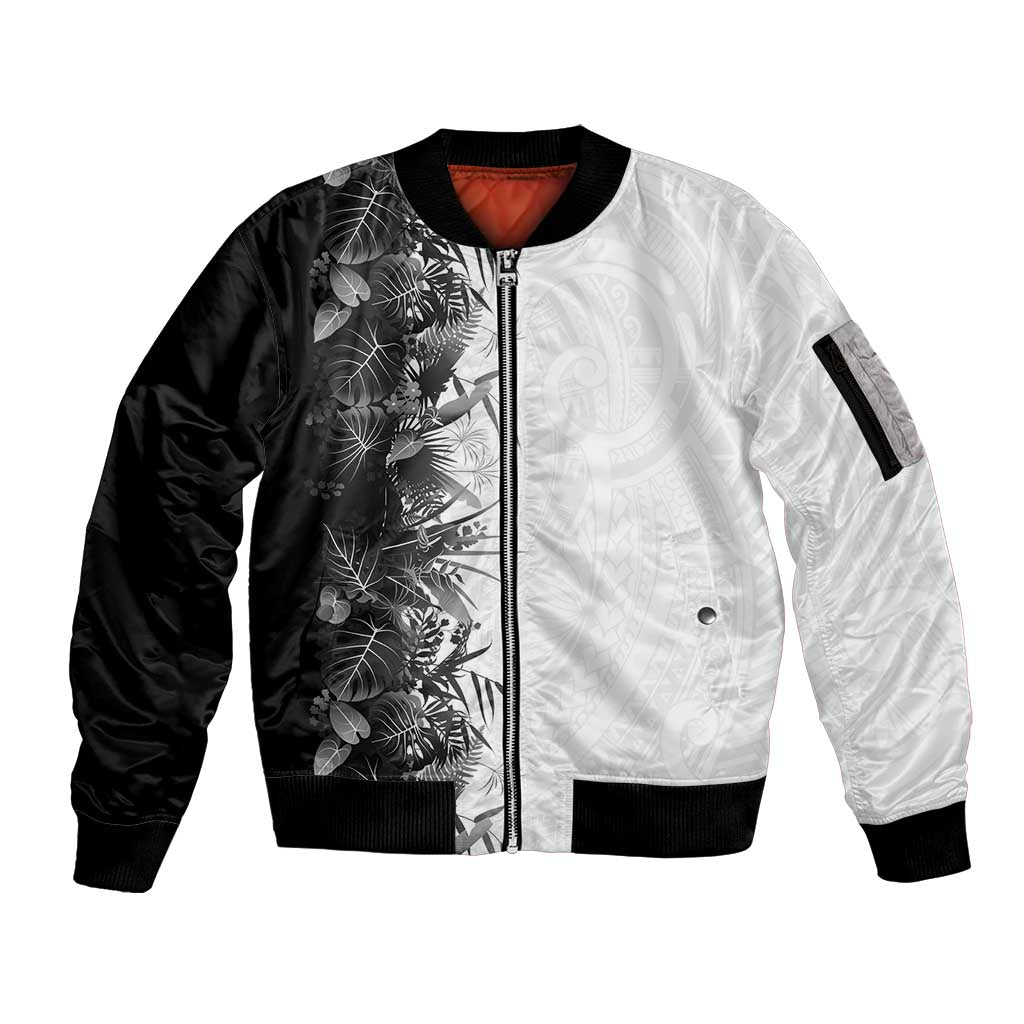 Hawaii Tropical Plant Monochrome Sleeve Zip Bomber Jacket Vibrant Polynesian Pattern LT01 Unisex Black - Polynesian Pride