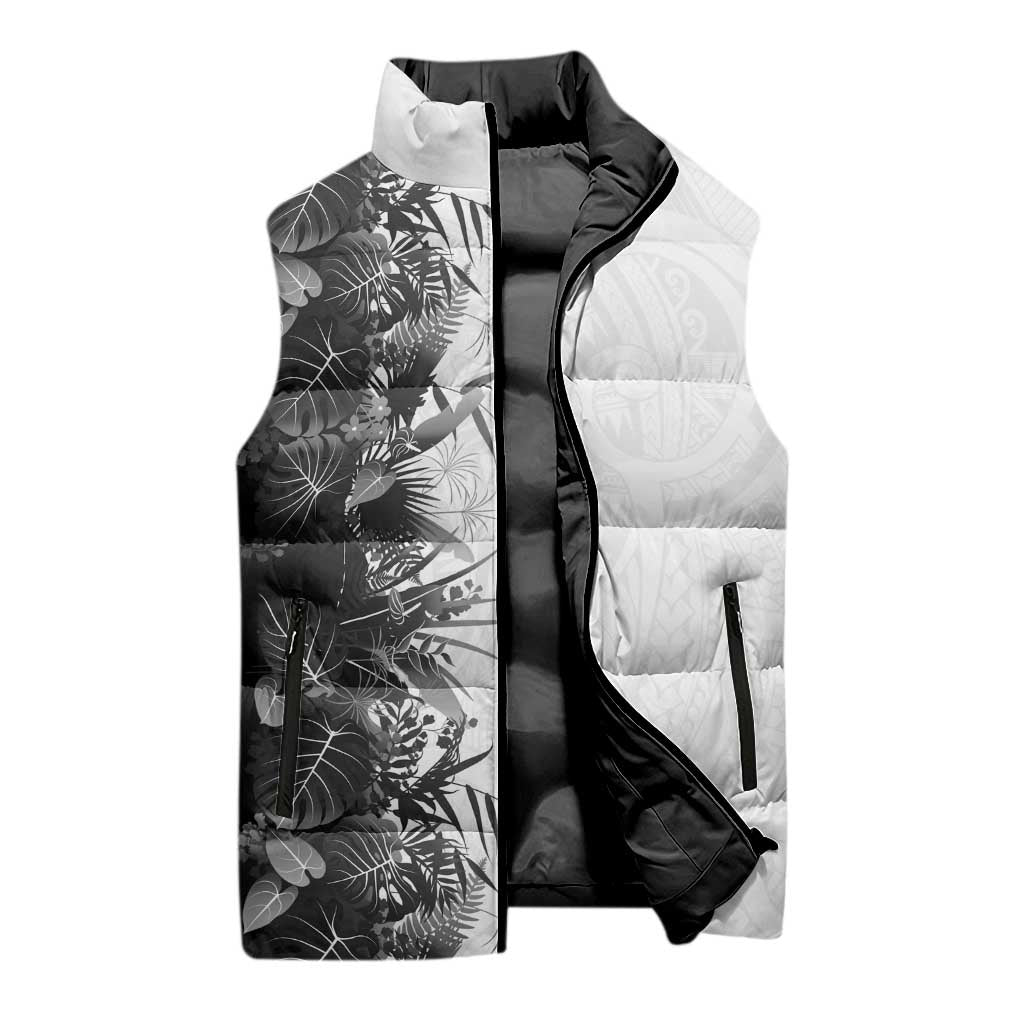 Hawaii Tropical Plant Monochrome Sleeveless Puffer Jacket Vibrant Polynesian Pattern