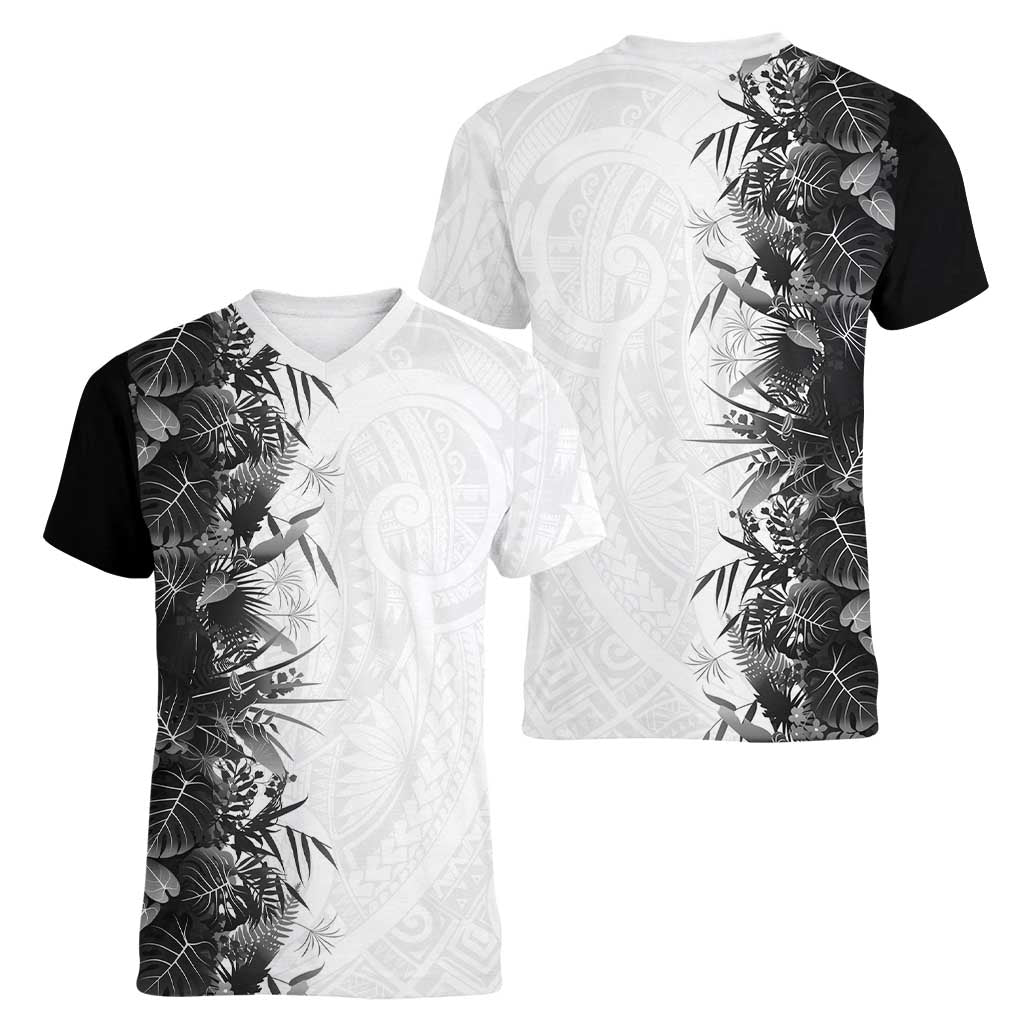 Hawaii Tropical Plant Monochrome Women V-Neck T-Shirt Vibrant Polynesian Pattern LT01 - Polynesian Pride