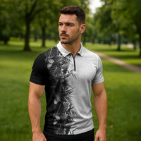 Hawaii Tropical Plant Monochrome Zipper Polo Shirt Vibrant Polynesian Pattern