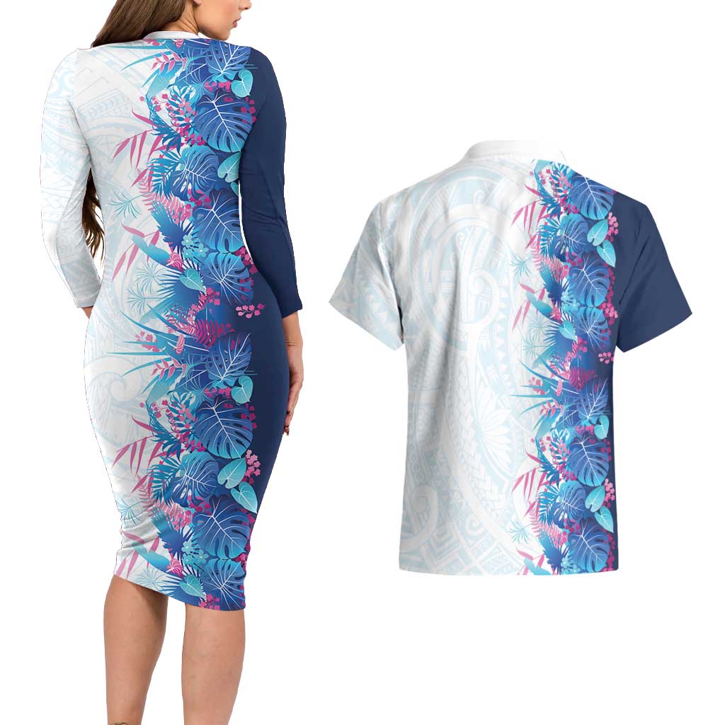 Hawaii Tropical Plant UliUli Couples Matching Long Sleeve Bodycon Dress and Hawaiian Shirt Vibrant Polynesian Pattern