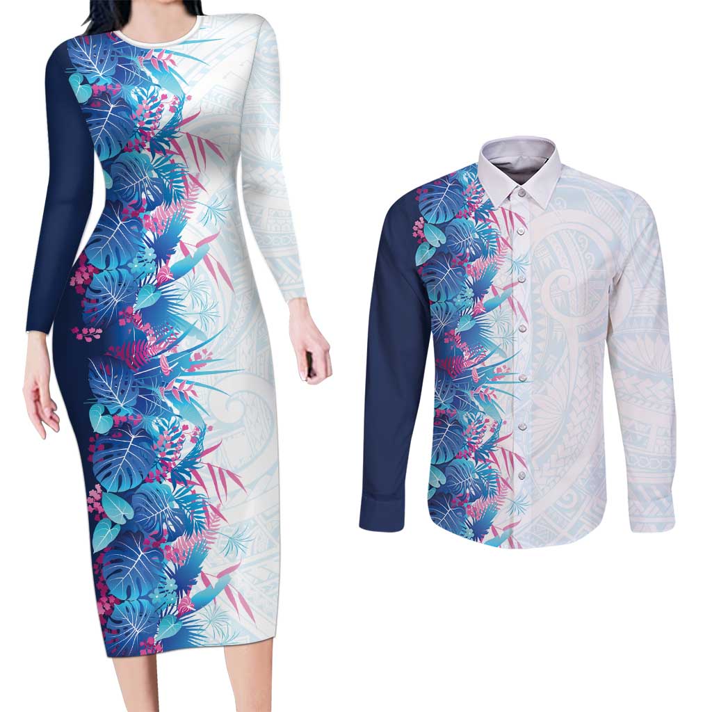 Hawaii Tropical Plant UliUli Couples Matching Long Sleeve Bodycon Dress and Long Sleeve Button Shirt Vibrant Polynesian Pattern LT01 Blue - Polynesian Pride