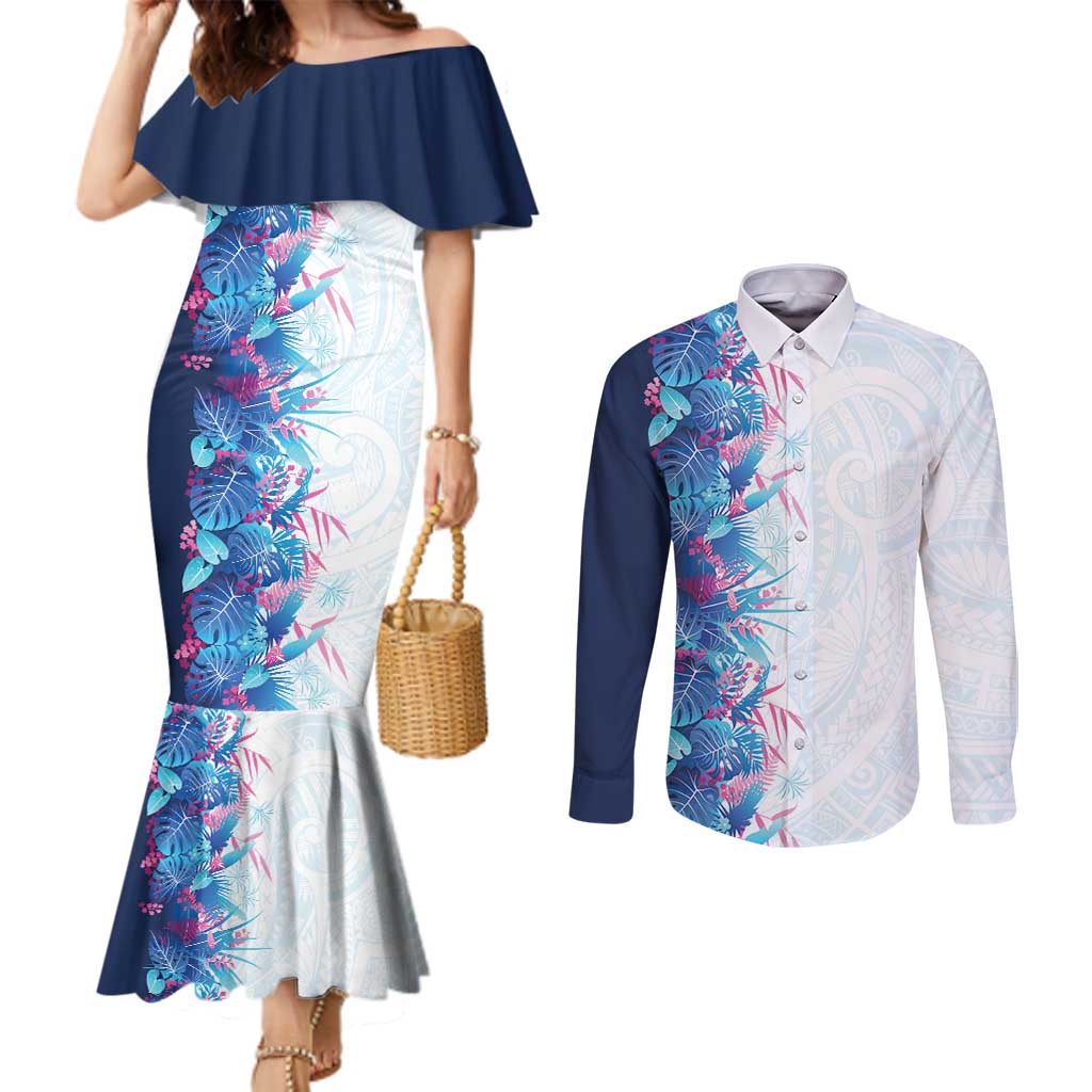 Hawaii Tropical Plant UliUli Couples Matching Mermaid Dress and Long Sleeve Button Shirt Vibrant Polynesian Pattern LT01 Blue - Polynesian Pride