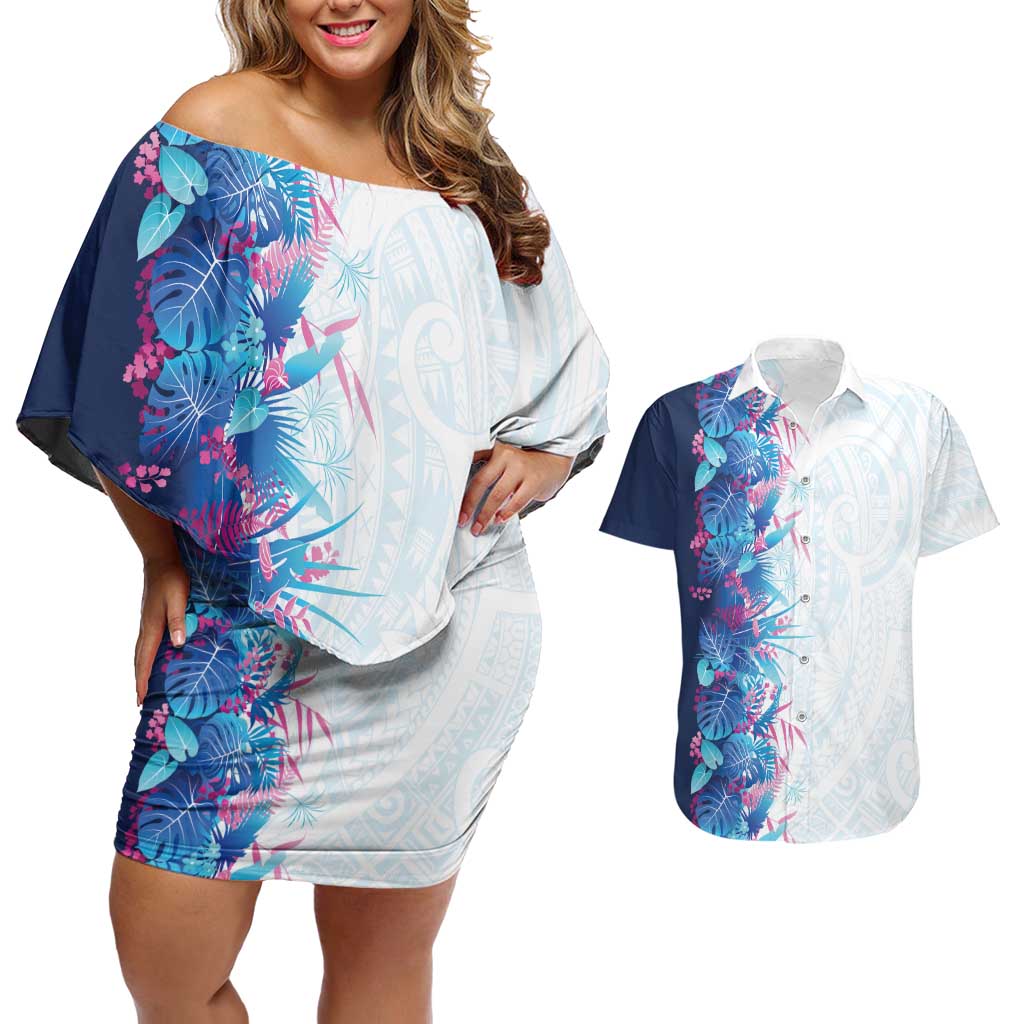 Hawaii Tropical Plant UliUli Couples Matching Off Shoulder Short Dress and Hawaiian Shirt Vibrant Polynesian Pattern LT01 Blue - Polynesian Pride