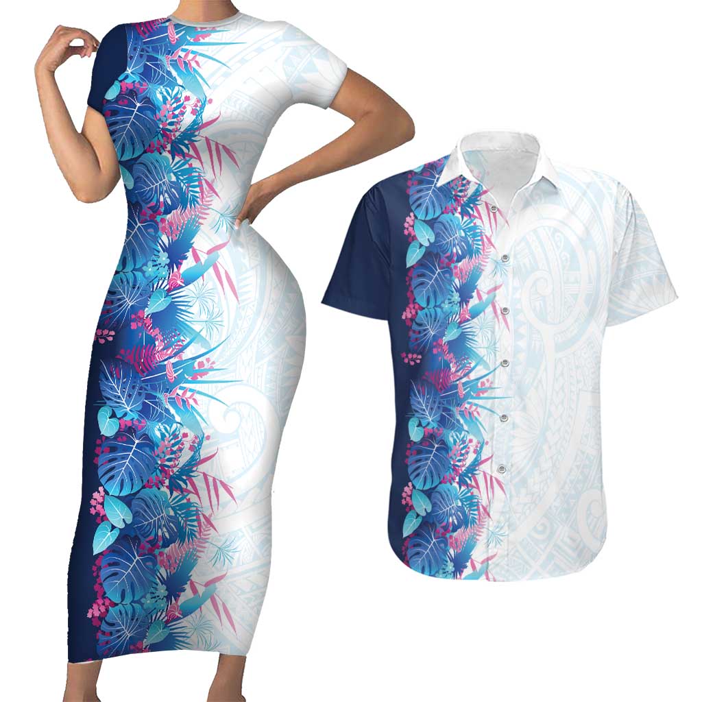 Hawaii Tropical Plant UliUli Couples Matching Short Sleeve Bodycon Dress and Hawaiian Shirt Vibrant Polynesian Pattern LT01 Blue - Polynesian Pride
