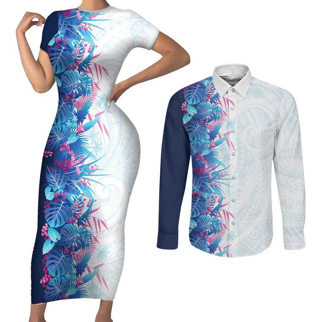 Hawaii Tropical Plant UliUli Couples Matching Short Sleeve Bodycon Dress and Long Sleeve Button Shirt Vibrant Polynesian Pattern LT01 Blue - Polynesian Pride