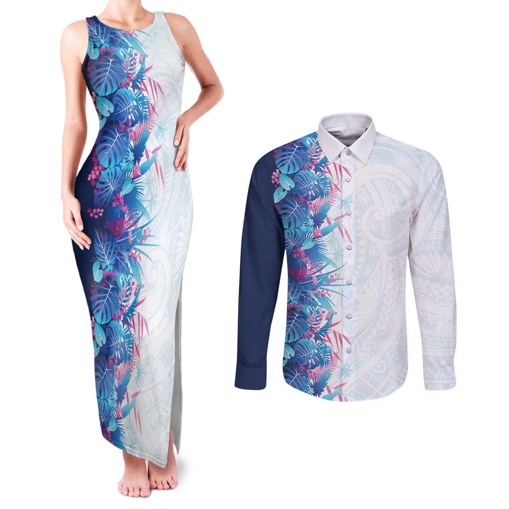 Hawaii Tropical Plant UliUli Couples Matching Tank Maxi Dress and Long Sleeve Button Shirt Vibrant Polynesian Pattern LT01 Blue - Polynesian Pride