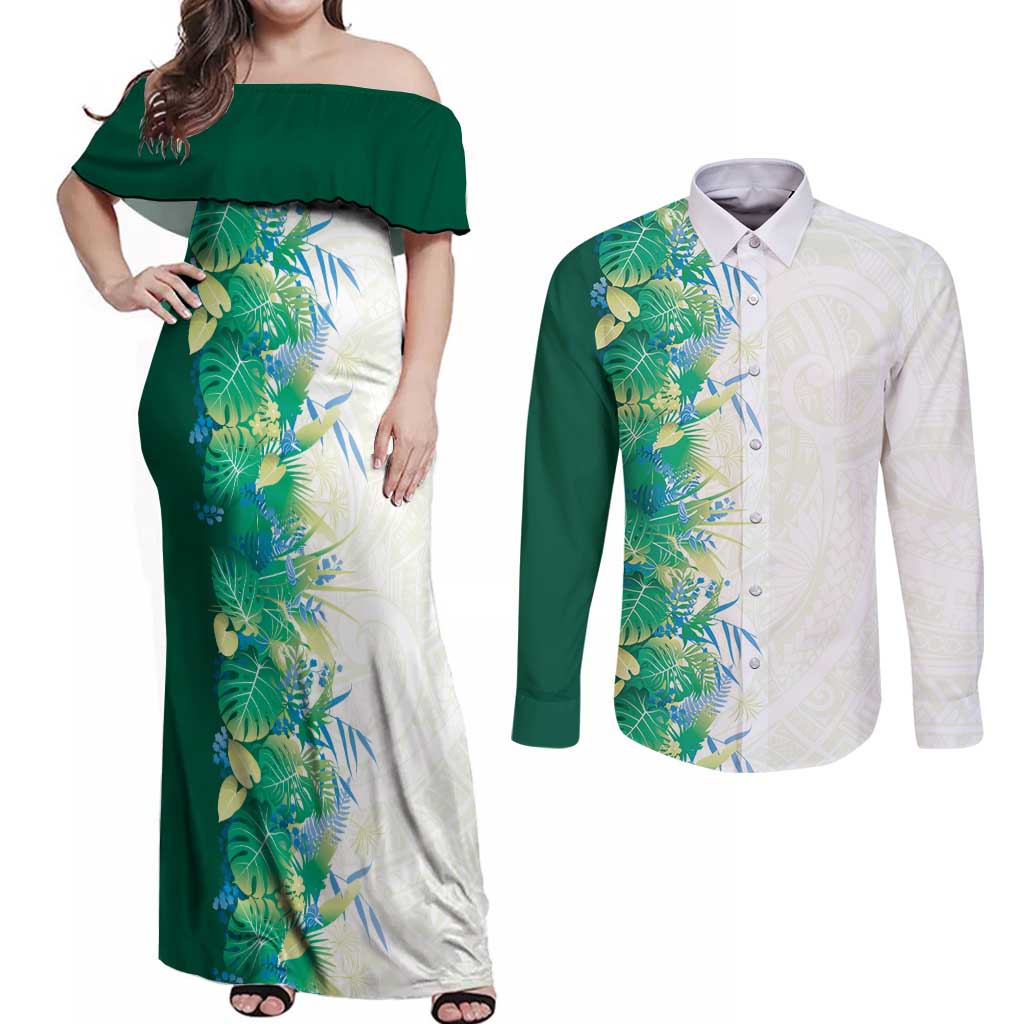 Hawaii Tropical Plant Omaomao Couples Matching Off Shoulder Maxi Dress and Long Sleeve Button Shirt Vibrant Polynesian Pattern LT01 Green - Polynesian Pride