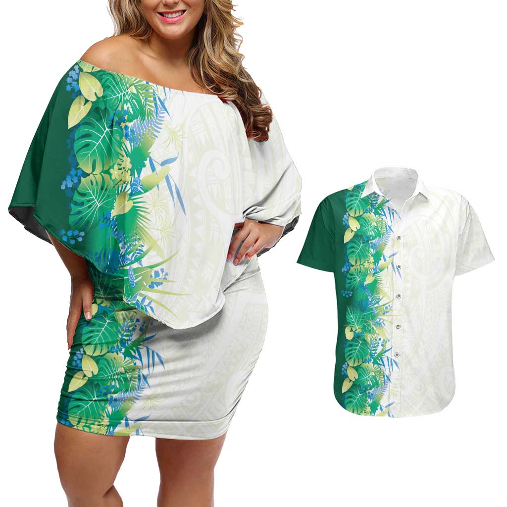 Hawaii Tropical Plant Omaomao Couples Matching Off Shoulder Short Dress and Hawaiian Shirt Vibrant Polynesian Pattern LT01 Green - Polynesian Pride