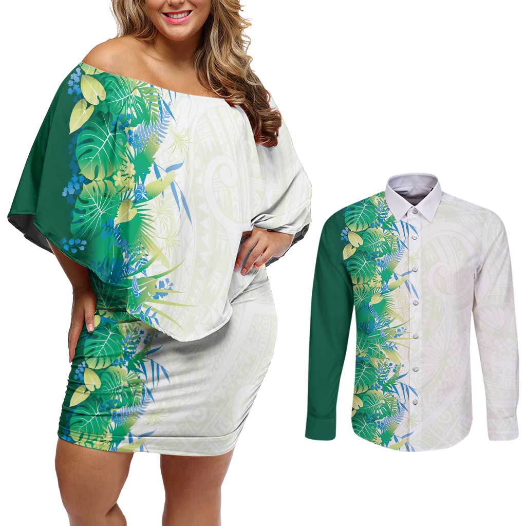 Hawaii Tropical Plant Omaomao Couples Matching Off Shoulder Short Dress and Long Sleeve Button Shirt Vibrant Polynesian Pattern LT01 Green - Polynesian Pride