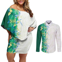 Hawaii Tropical Plant Omaomao Couples Matching Off Shoulder Short Dress and Long Sleeve Button Shirt Vibrant Polynesian Pattern