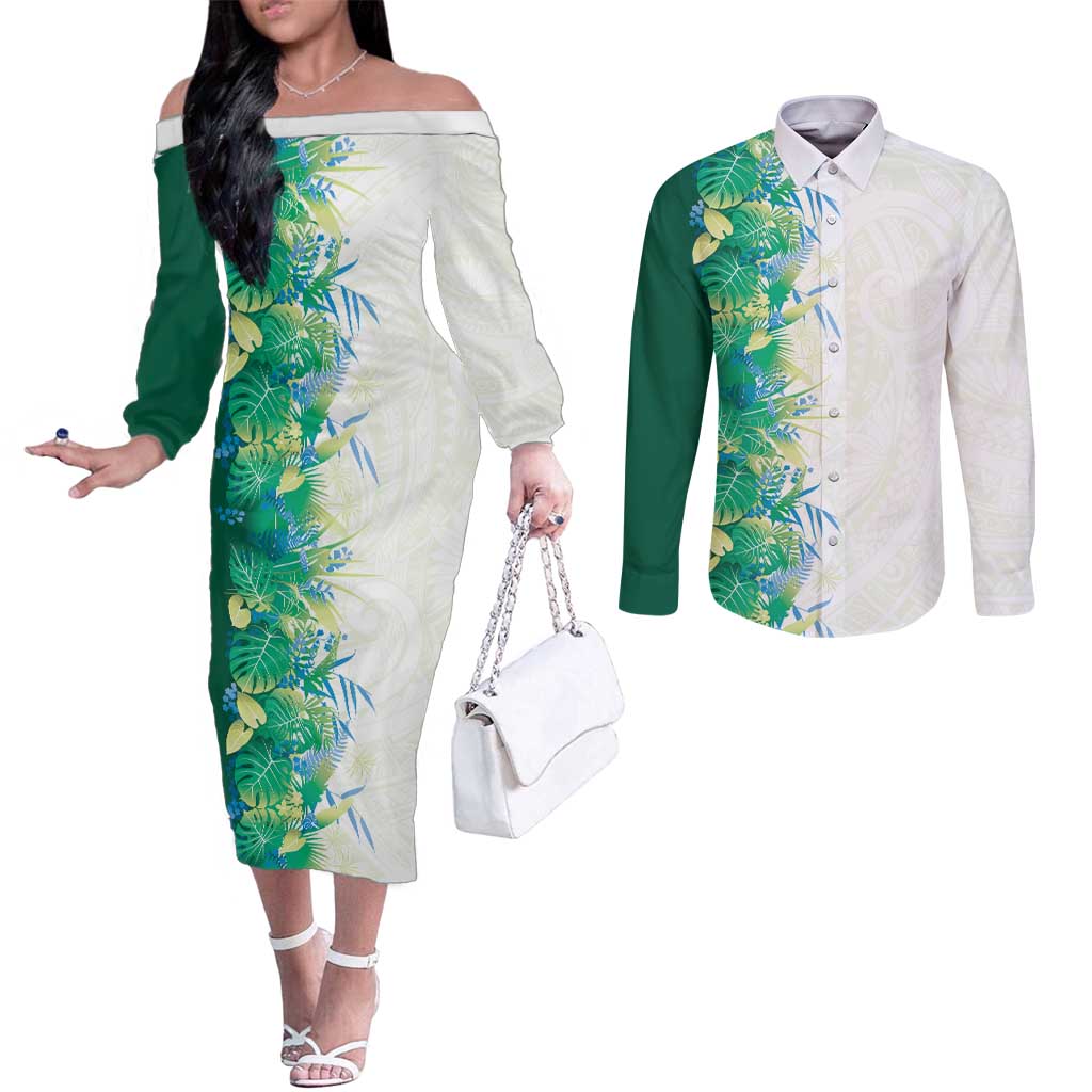 Hawaii Tropical Plant Omaomao Couples Matching Off The Shoulder Long Sleeve Dress and Long Sleeve Button Shirt Vibrant Polynesian Pattern LT01 Green - Polynesian Pride