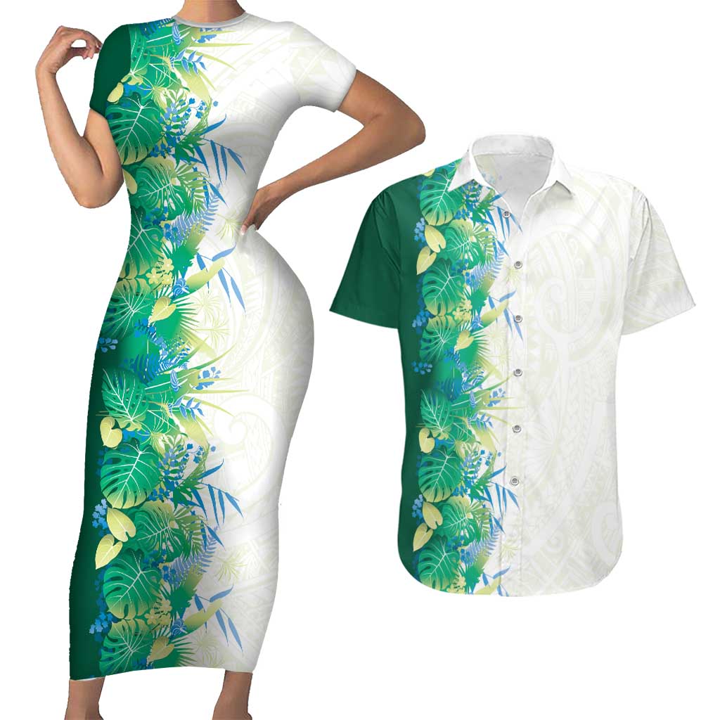 Hawaii Tropical Plant Omaomao Couples Matching Short Sleeve Bodycon Dress and Hawaiian Shirt Vibrant Polynesian Pattern