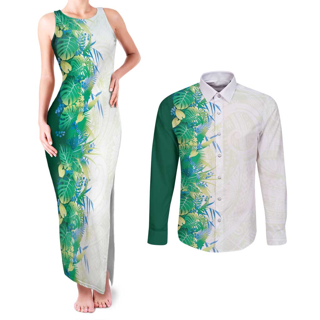 Hawaii Tropical Plant Omaomao Couples Matching Tank Maxi Dress and Long Sleeve Button Shirt Vibrant Polynesian Pattern LT01 Green - Polynesian Pride