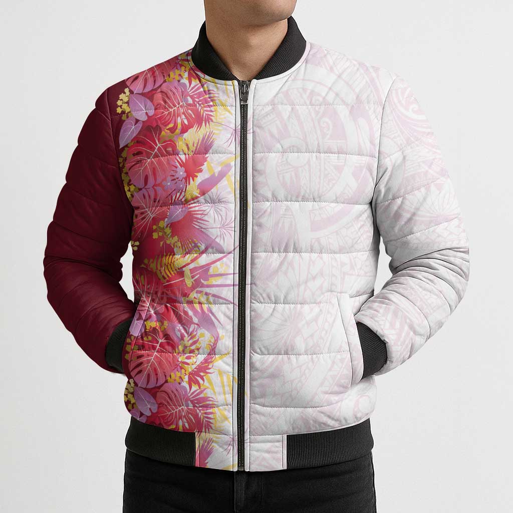 Hawaii Tropical Plant Akala Bomber Puffer Jacket Vibrant Polynesian Pattern
