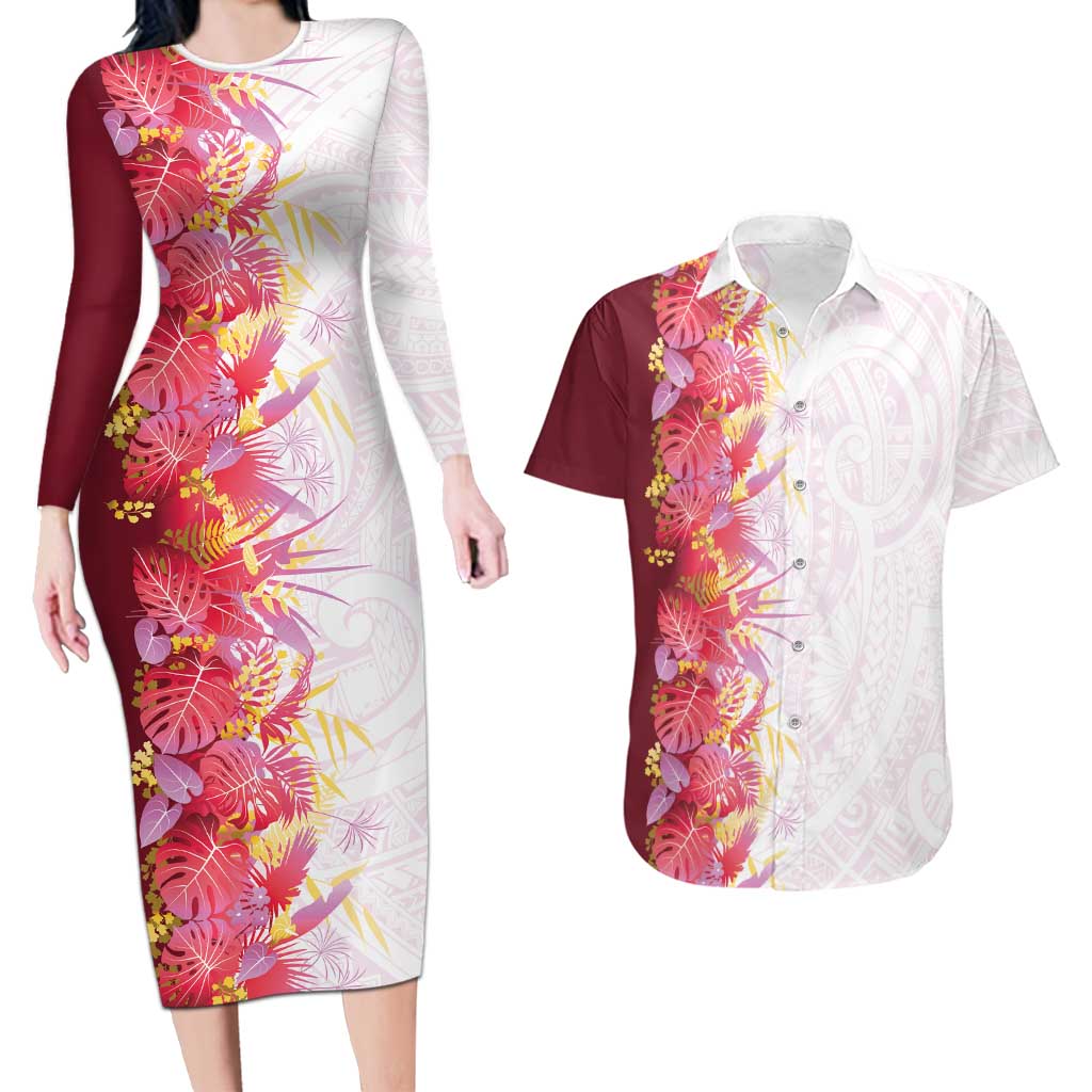 Hawaii Tropical Plant Akala Couples Matching Long Sleeve Bodycon Dress and Hawaiian Shirt Vibrant Polynesian Pattern LT01 Pink - Polynesian Pride