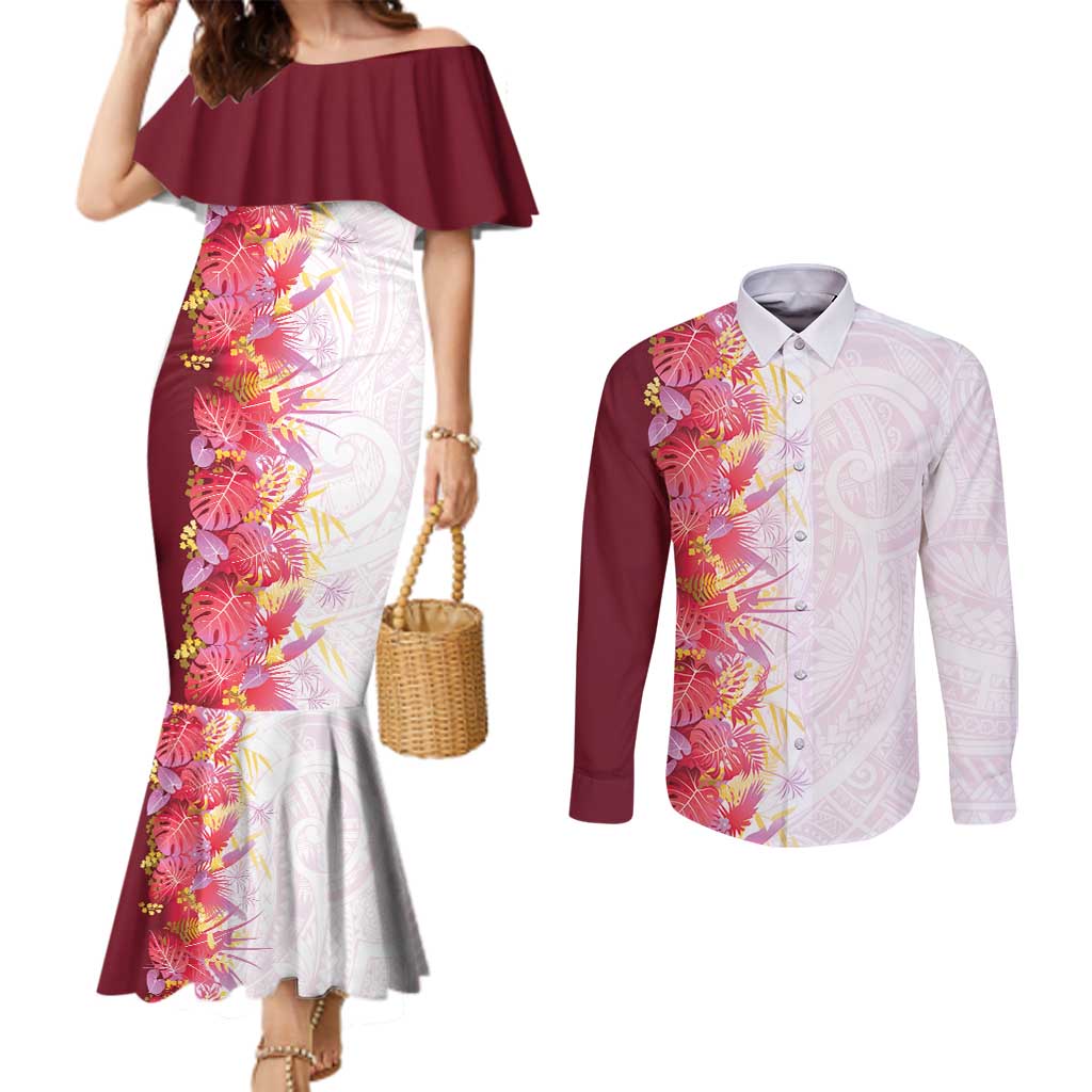 Hawaii Tropical Plant Akala Couples Matching Mermaid Dress and Long Sleeve Button Shirt Vibrant Polynesian Pattern LT01 Pink - Polynesian Pride
