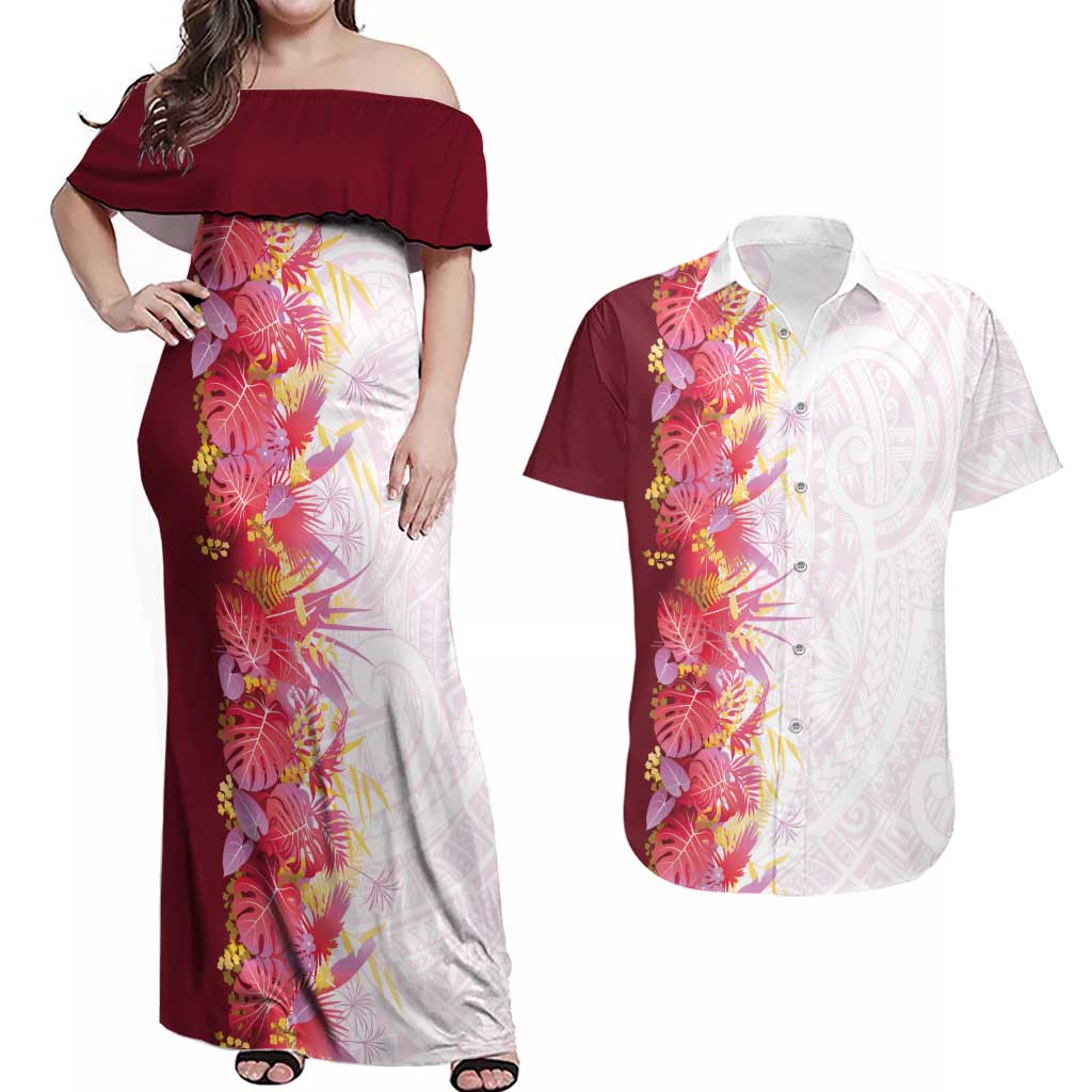 Hawaii Tropical Plant Akala Couples Matching Off Shoulder Maxi Dress and Hawaiian Shirt Vibrant Polynesian Pattern LT01 Pink - Polynesian Pride