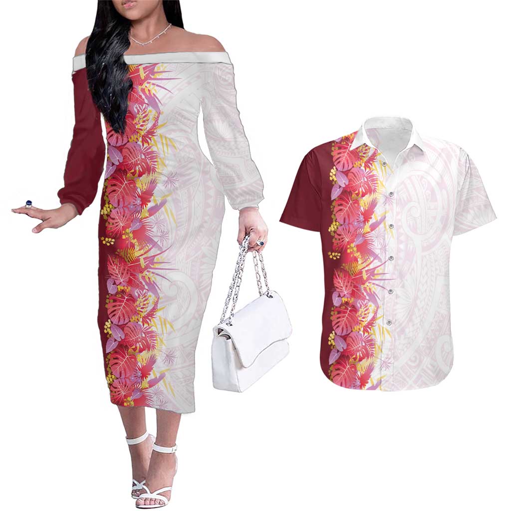 Hawaii Tropical Plant Akala Couples Matching Off The Shoulder Long Sleeve Dress and Hawaiian Shirt Vibrant Polynesian Pattern LT01 Pink - Polynesian Pride