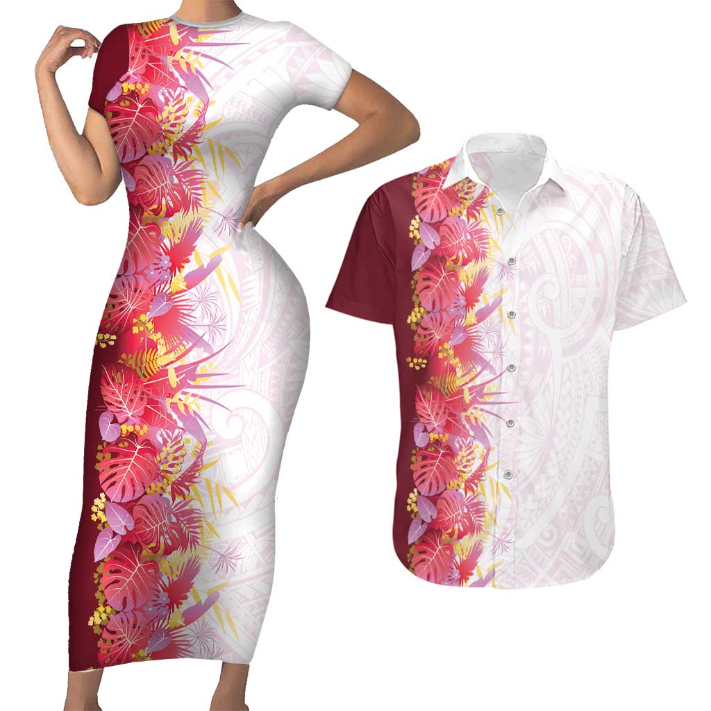 Hawaii Tropical Plant Akala Couples Matching Short Sleeve Bodycon Dress and Hawaiian Shirt Vibrant Polynesian Pattern LT01 Pink - Polynesian Pride