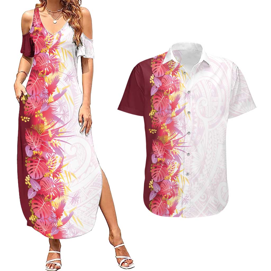 Hawaii Tropical Plant Akala Couples Matching Summer Maxi Dress and Hawaiian Shirt Vibrant Polynesian Pattern LT01 Pink - Polynesian Pride
