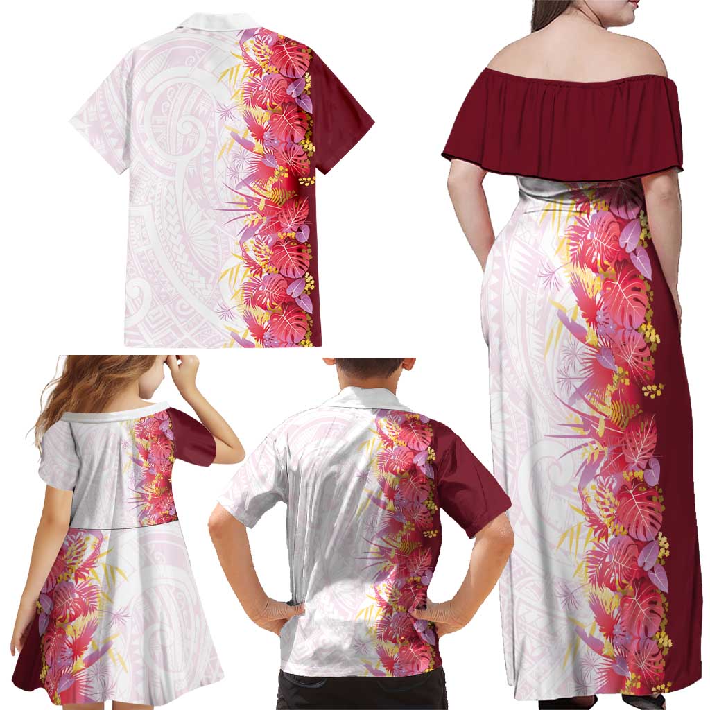 Hawaii Tropical Plant Akala Family Matching Off Shoulder Maxi Dress and Hawaiian Shirt Vibrant Polynesian Pattern