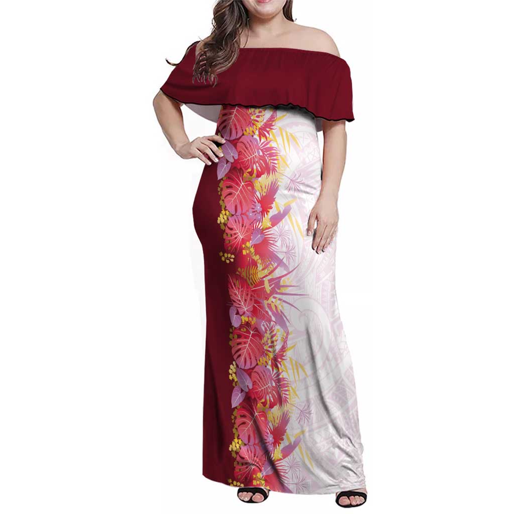Hawaii Tropical Plant Akala Family Matching Off Shoulder Maxi Dress and Hawaiian Shirt Vibrant Polynesian Pattern