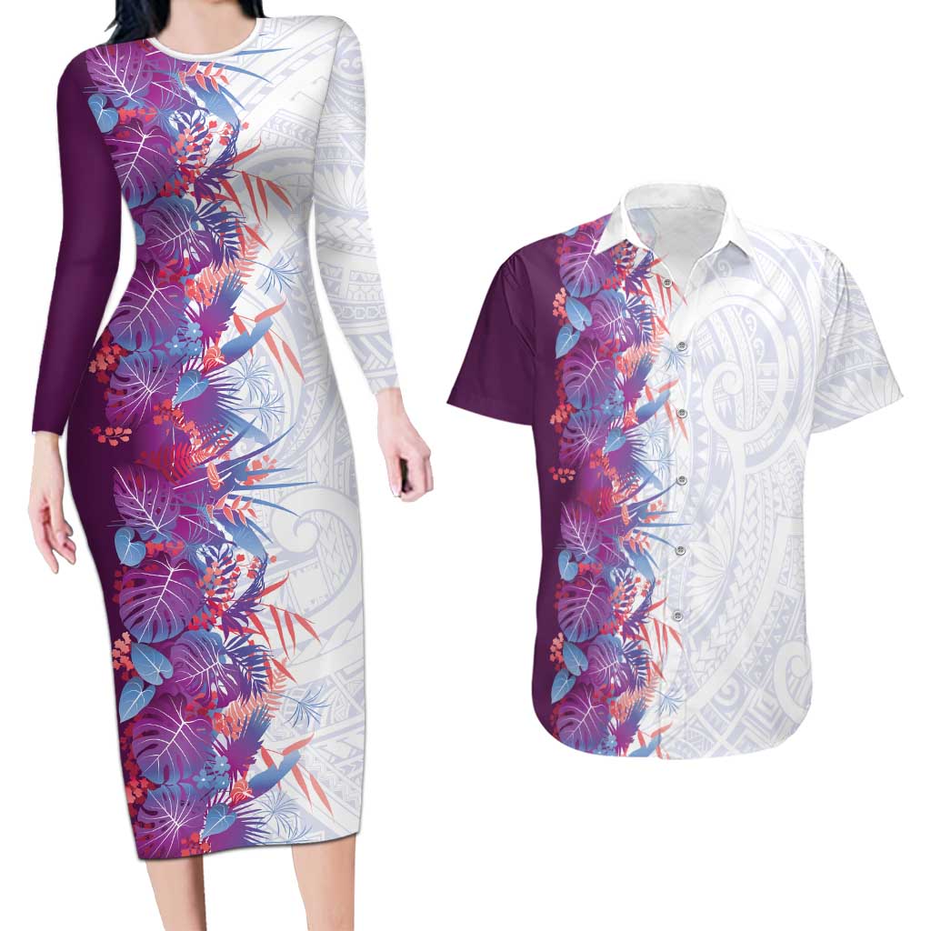 Hawaii Tropical Plant Poni Couples Matching Long Sleeve Bodycon Dress and Hawaiian Shirt Vibrant Polynesian Pattern LT01 Purple - Polynesian Pride