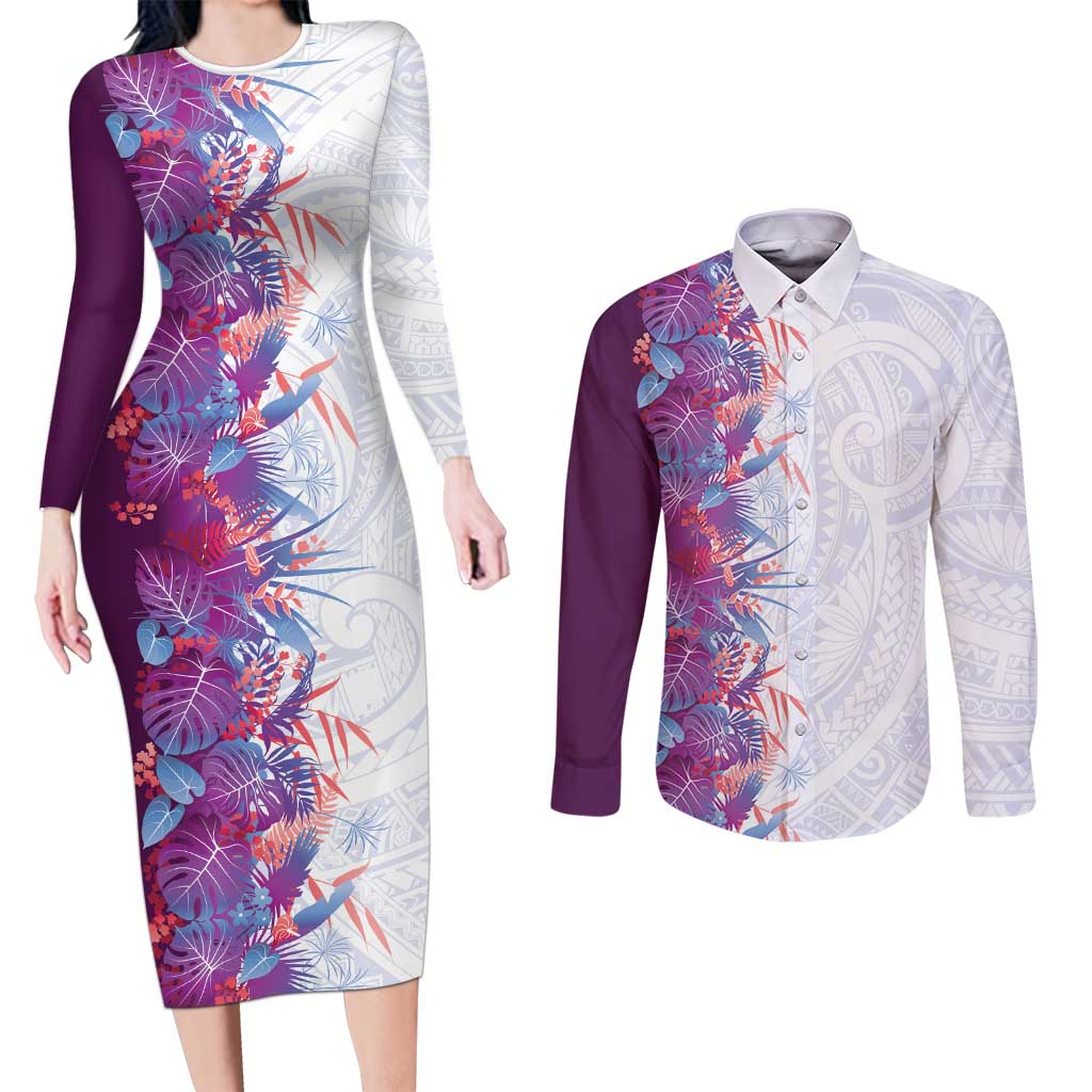 Hawaii Tropical Plant Poni Couples Matching Long Sleeve Bodycon Dress and Long Sleeve Button Shirt Vibrant Polynesian Pattern LT01 Purple - Polynesian Pride