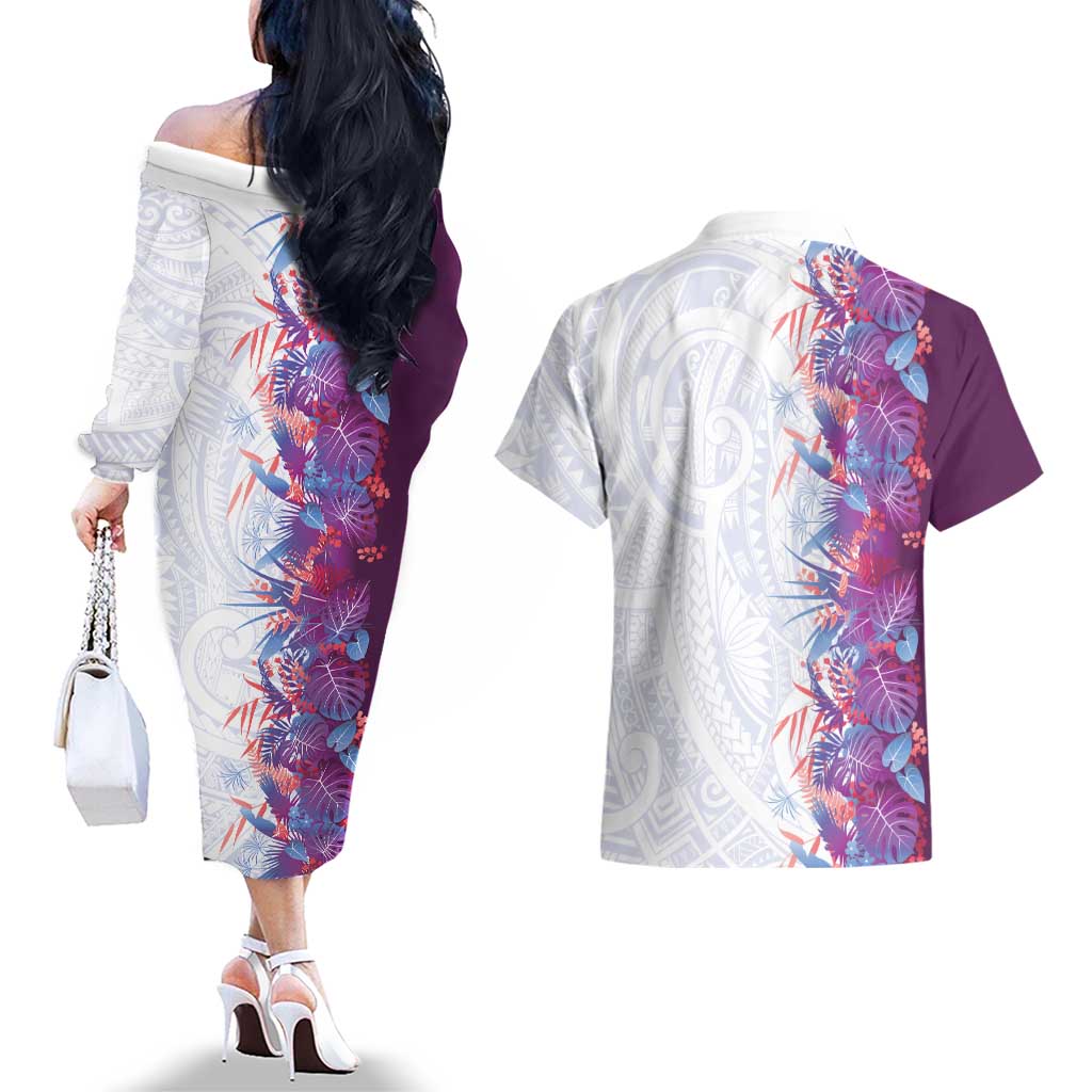 Hawaii Tropical Plant Poni Couples Matching Off The Shoulder Long Sleeve Dress and Hawaiian Shirt Vibrant Polynesian Pattern LT01 - Polynesian Pride